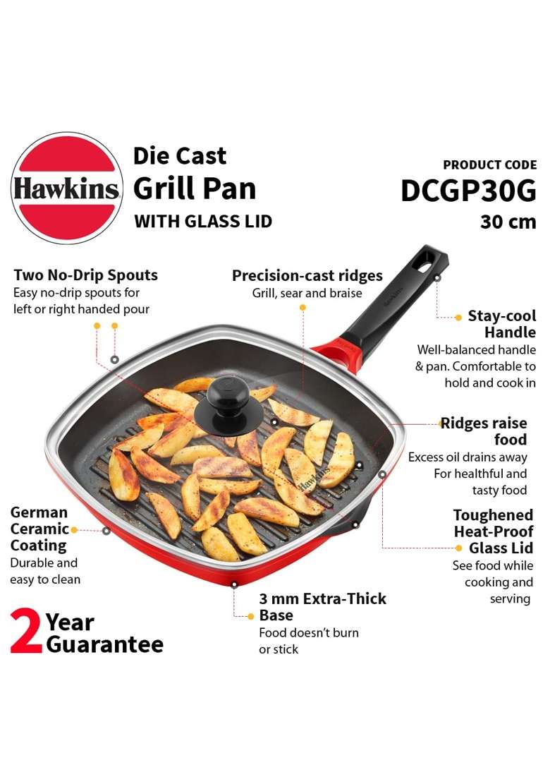 Hawkins Grill Pan with Glass Lid | 30 cm | 11.8 Inch - Indya