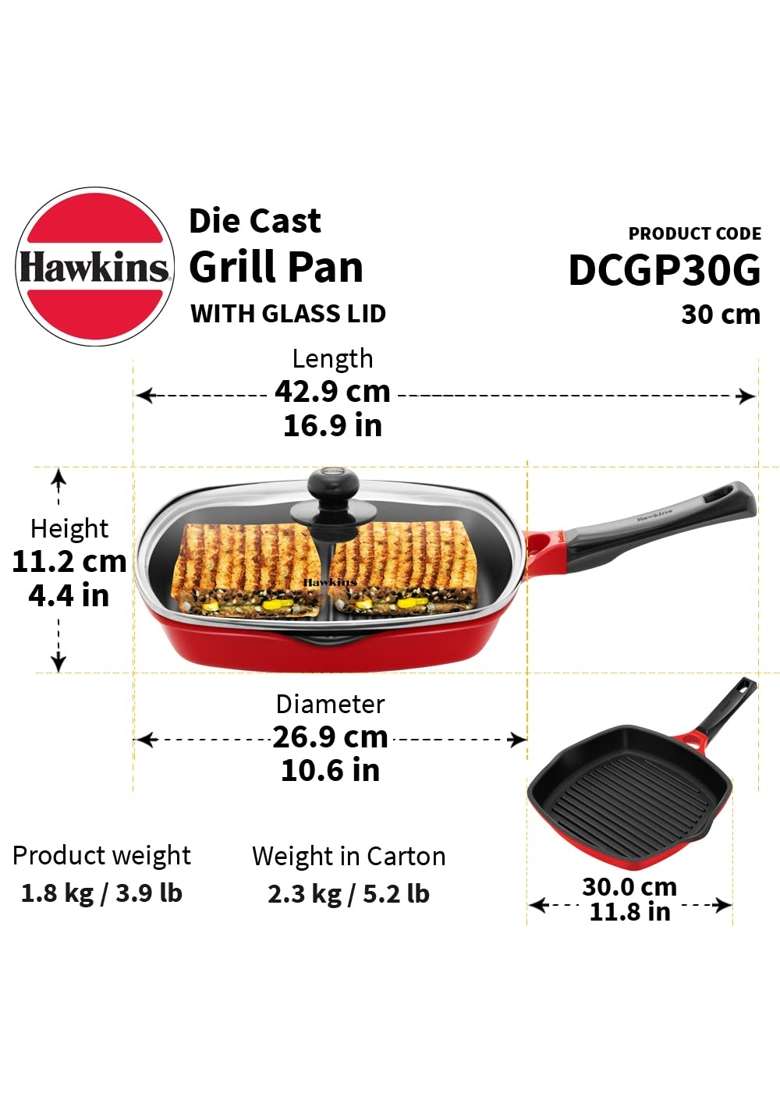 Hawkins Grill Pan with Glass Lid | 30 cm | 11.8 Inch - Indya