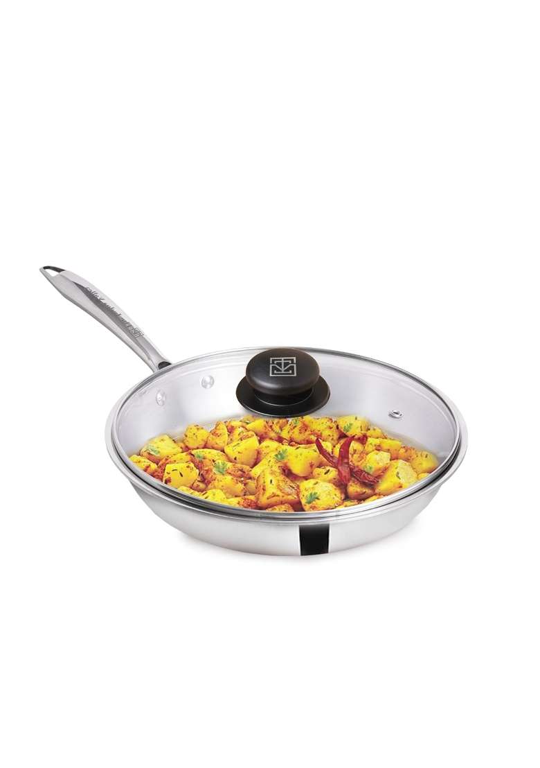 The Indus Valley Triply Stainless Steel Fry Pan with Glass Lid | 1.5 L | 1.6 Qt | 22 cm | 8.7 Inch | Induction Compatible | Non-Toxic | Non-Stick - Indya