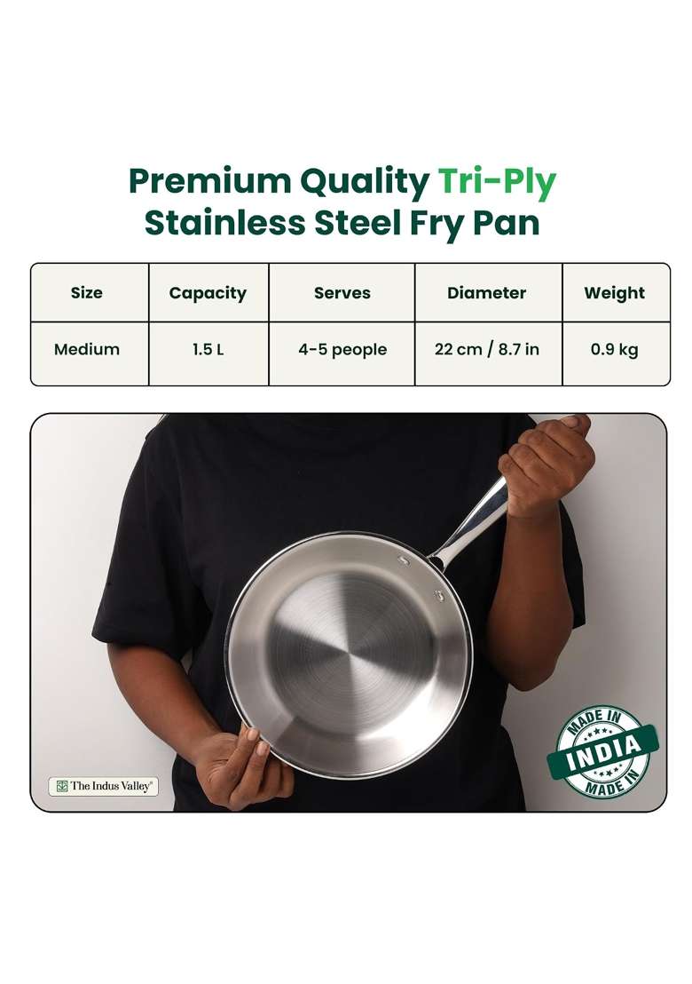 The Indus Valley Triply Stainless Steel Fry Pan with Glass Lid | 1.5 L | 1.6 Qt | 22 cm | 8.7 Inch | Induction Compatible | Non-Toxic | Non-Stick - Indya