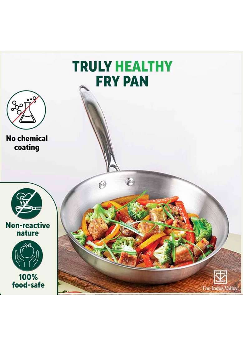 The Indus Valley Triply Stainless Steel Fry Pan with Glass Lid | 1.5 L | 1.6 Qt | 22 cm | 8.7 Inch | Induction Compatible | Non-Toxic | Non-Stick - Indya
