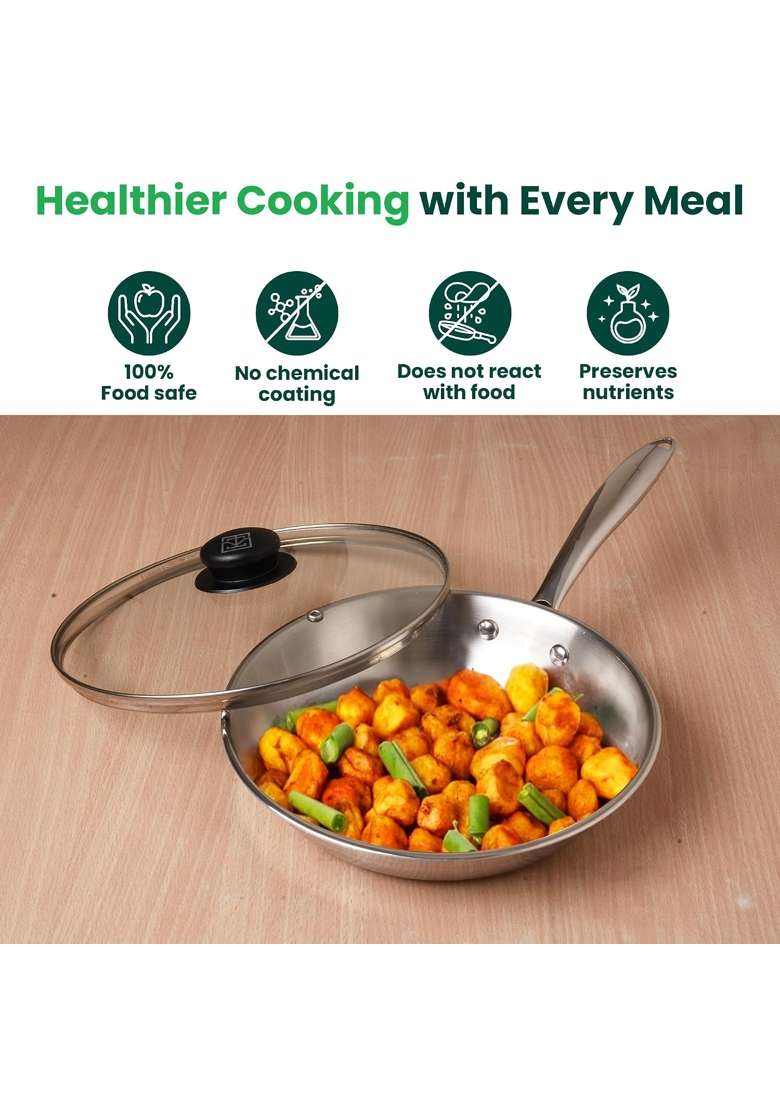 The Indus Valley Triply Stainless Steel Fry Pan with Glass Lid | 1.5 L | 1.6 Qt | 22 cm | 8.7 Inch | Induction Compatible | Non-Toxic | Non-Stick - Indya