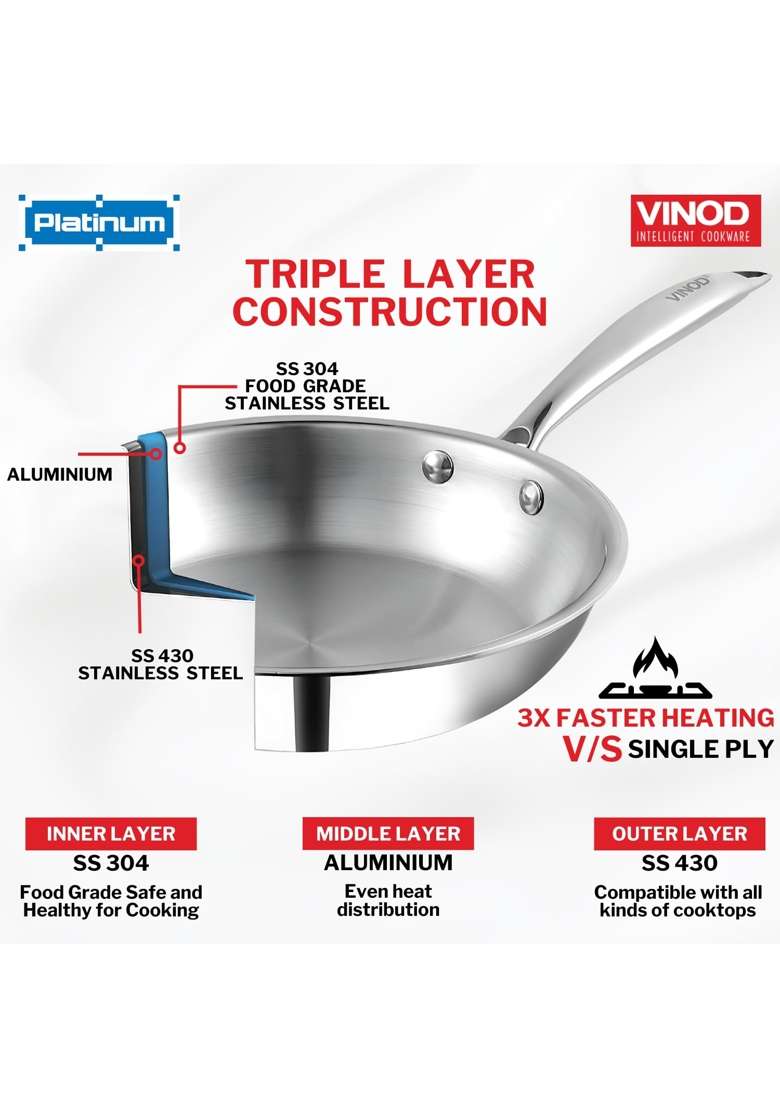 Vinod Platinum Triply Stainless Steel Frying Pan | 1.5 L | 1.6 Qt | 22 cm | 8.7 Inch | Induction Compatible | Heavy Bottom - Indya