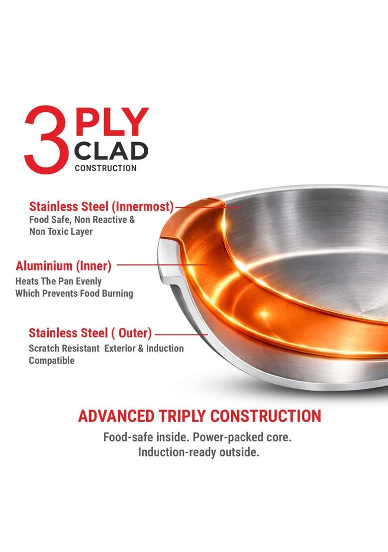 PNB Kitchenmate Triply Stainless Steel Frying Pan with Lid Induction and Gas | 1.1 L | 1.2 Qt | 18 cm | 7.1 Inch - Indya