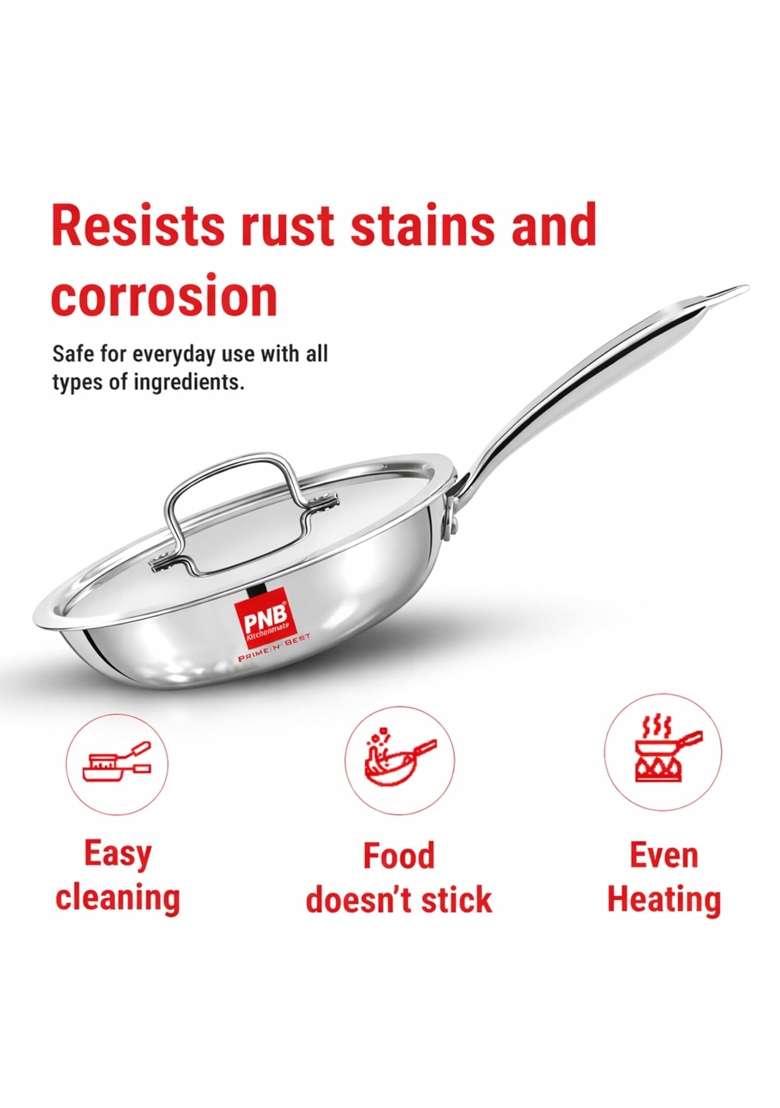 PNB Kitchenmate Triply Stainless Steel Frying Pan with Lid Induction and Gas | 1.1 L | 1.2 Qt | 18 cm | 7.1 Inch - Indya