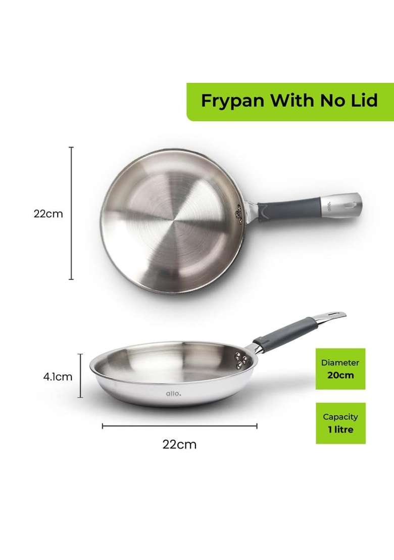 Allo Stainless Steel Triply Fry Pan Skillet | 1 L | 1.1 Qt | 20 cm | 7.9 Inch | Induction Compatible | Non-Stick - Indya