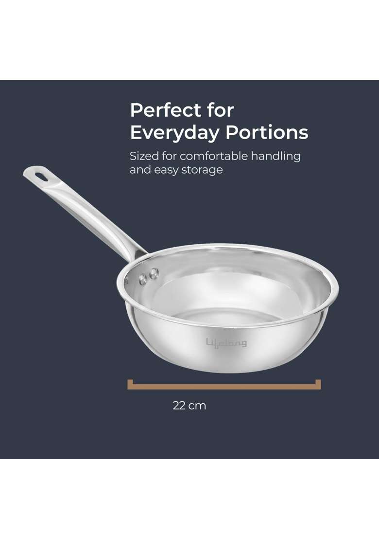 Lifelong Stainless Steel Fry Pan | 1.4 L | 1.5 Qt | 22 cm | 8.7 Inch | Induction Compatible - Indya