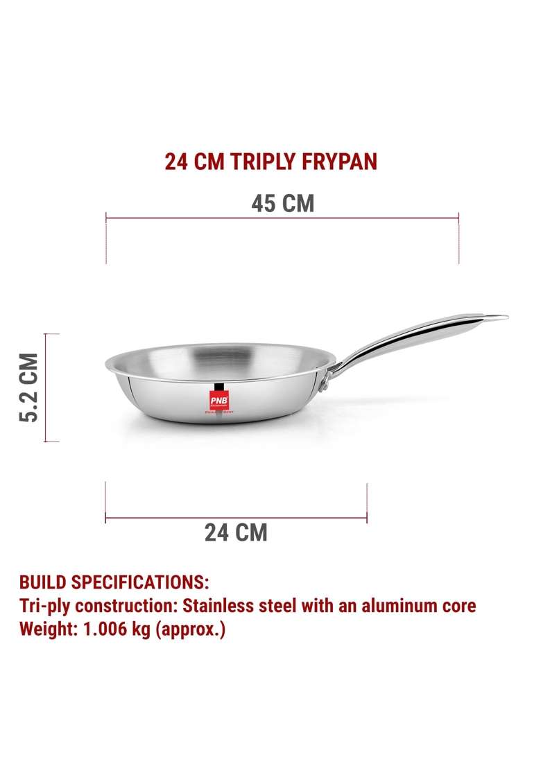 PNB Kitchenmate Triply Stainless Steel Frying Pan | 1.5 L | 1.6 Qt | 24 cm | 9.4 Inch | Induction Compatible | Heavy Bottom - Indya