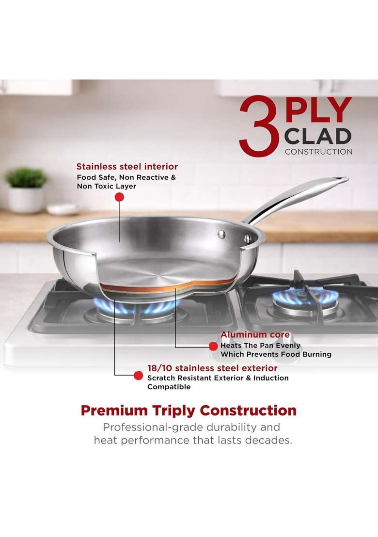 PNB Kitchenmate Triply Stainless Steel Frying Pan | 1.5 L | 1.6 Qt | 24 cm | 9.4 Inch | Induction Compatible | Heavy Bottom - Indya