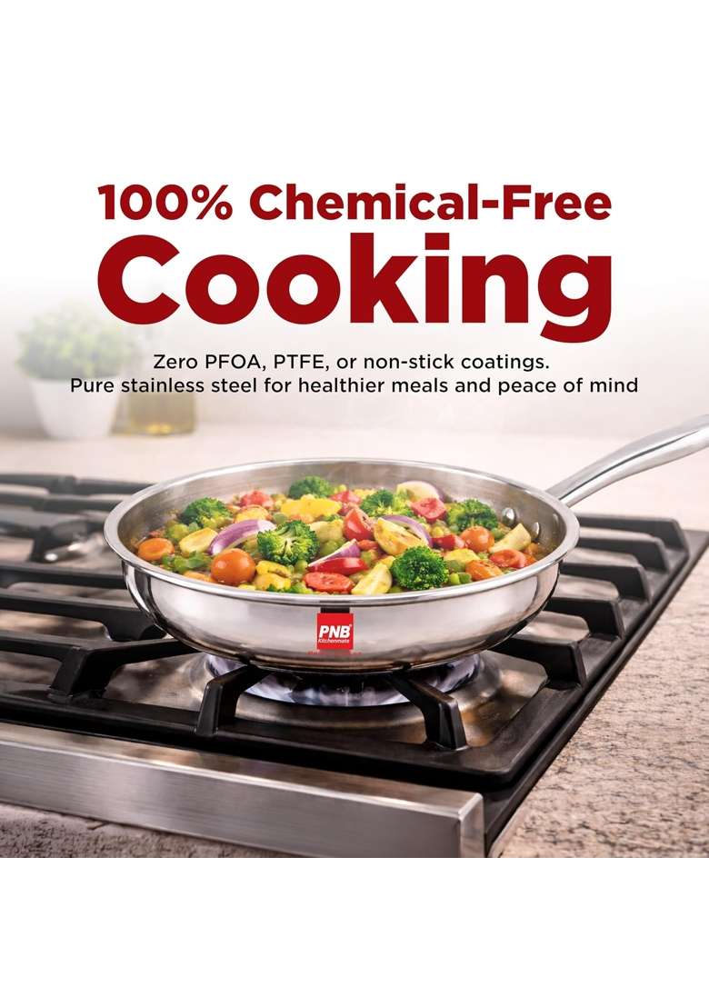 PNB Kitchenmate Triply Stainless Steel Frying Pan | 1.5 L | 1.6 Qt | 24 cm | 9.4 Inch | Induction Compatible | Heavy Bottom - Indya