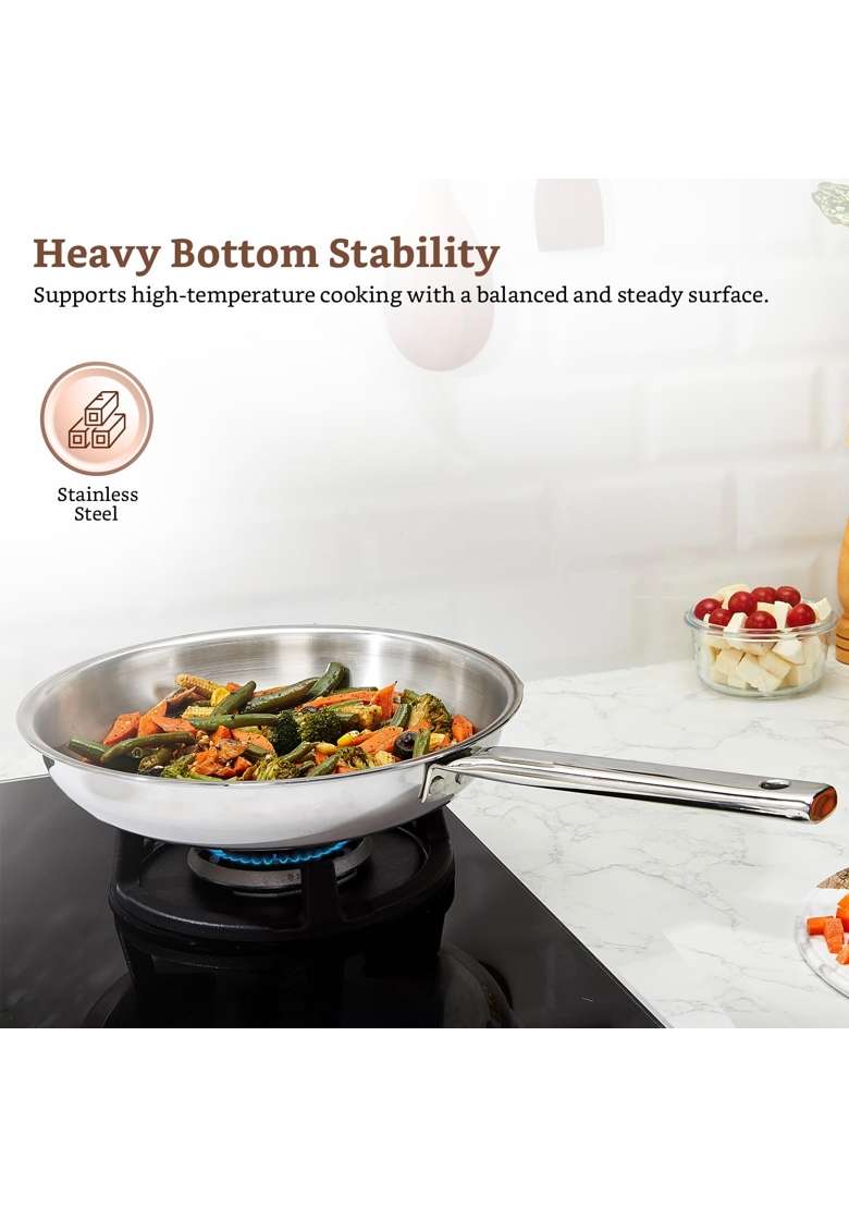 Solimo Amazon Brand Solimo Triply Stainless Steel Frypan | 24 cm | 9.4 Inch | Induction Compatible | Heavy Bottom | Non-Toxic - Indya