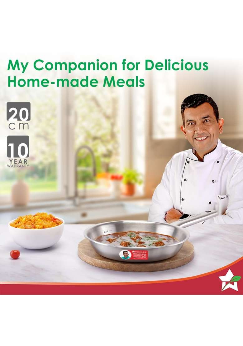 Wonderchef Stella Triply Stainless Steel Fry Pan | 1 L | 1.1 Qt | 20 cm | 7.9 Inch | Induction Compatible | Non-Toxic - Indya
