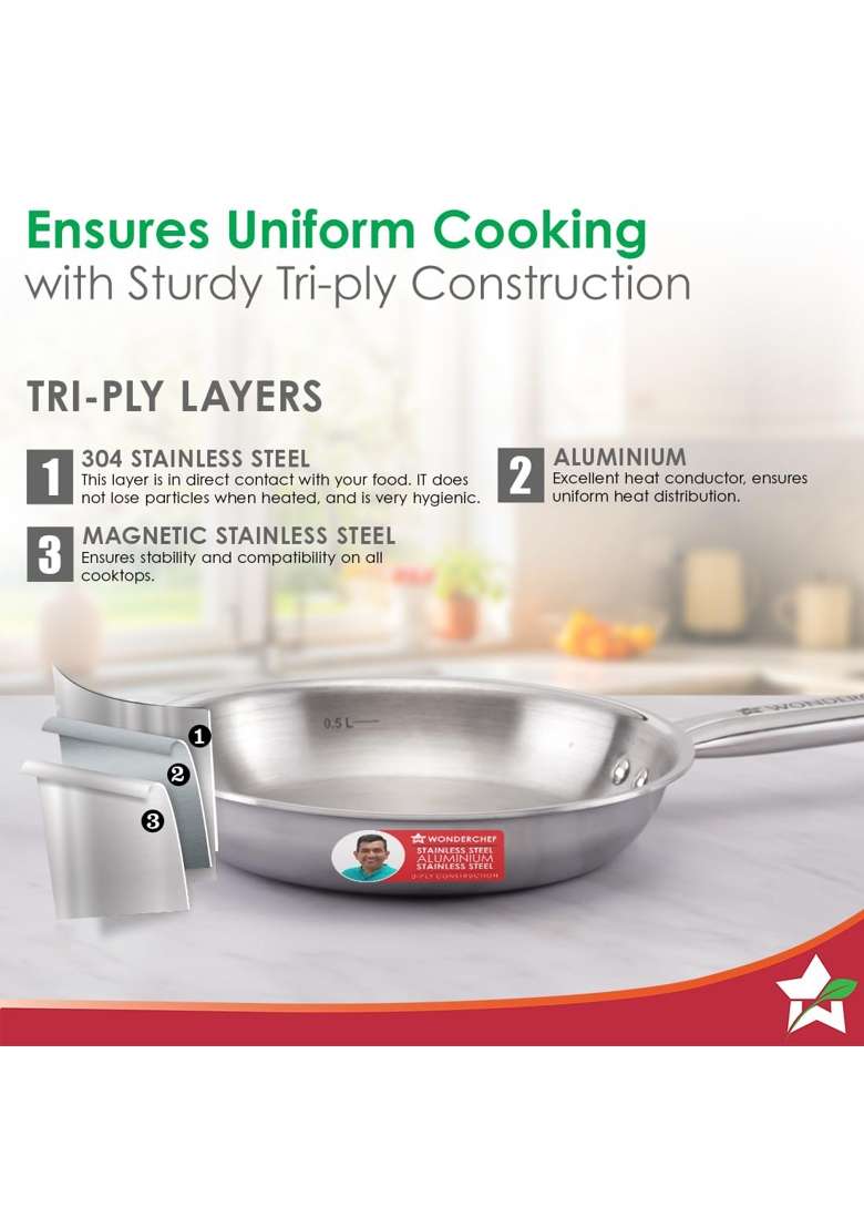 Wonderchef Stella Triply Stainless Steel Fry Pan | 1 L | 1.1 Qt | 20 cm | 7.9 Inch | Induction Compatible | Non-Toxic - Indya
