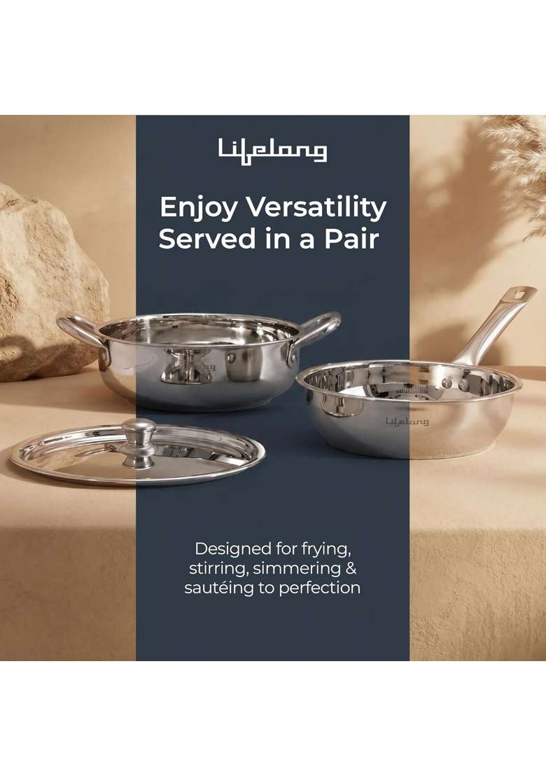 Lifelong Stainless Steel Kadhai Wok | 2.5 L | 2.6 Qt | Induction Compatible | Dishwasher Safe - Indya