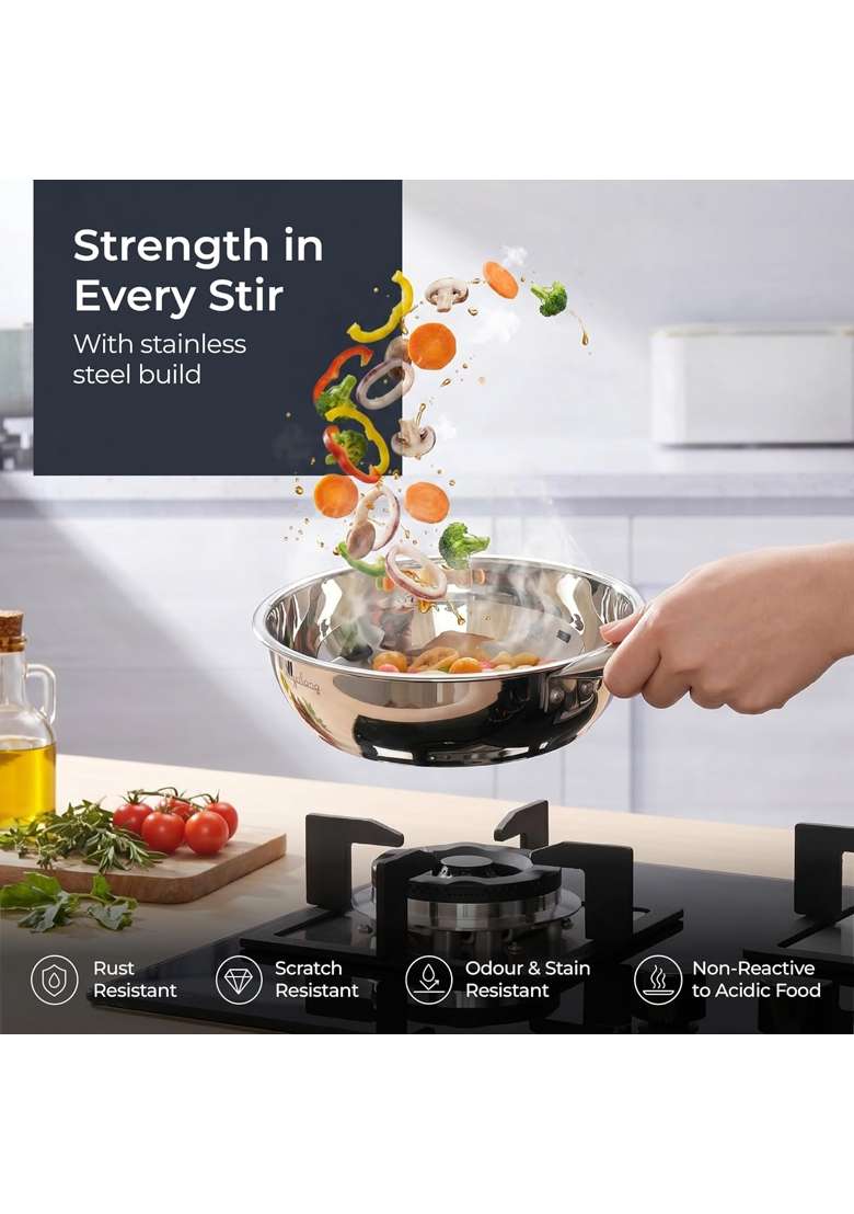 Lifelong Stainless Steel Kadhai Wok | 2.5 L | 2.6 Qt | Induction Compatible | Dishwasher Safe - Indya
