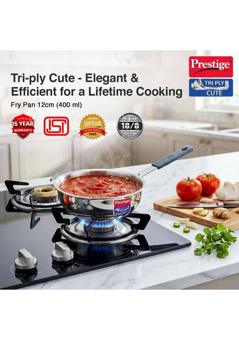 Prestige Tri-Ply Stainless Steel Cute Fry Pan | 400 ml | 13.5 fl oz | 12 cm | 4.7 Inch | Induction Compatible - Indya
