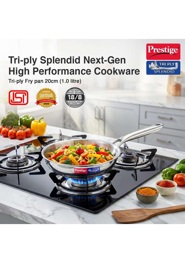 Prestige Tri-Ply Stainless Steel Splendid Fry Pan | 1 L | 1.1 Qt | 20 cm | 7.9 Inch | Induction Compatible - Indya