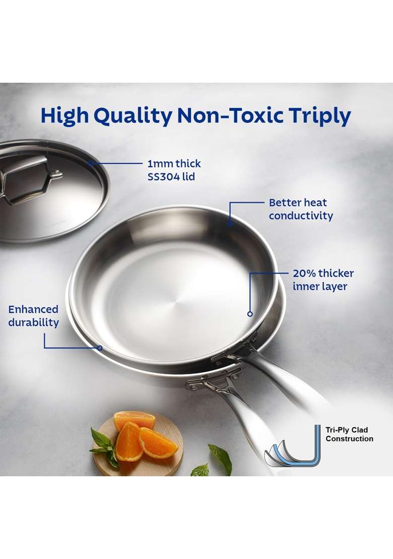 TRAMONTINA Stainless Steel Aeion Triply Fry Pan with SS 304 Lid | 20 cm | 7.9 Inch | Induction Compatible | Non-Toxic - Indya