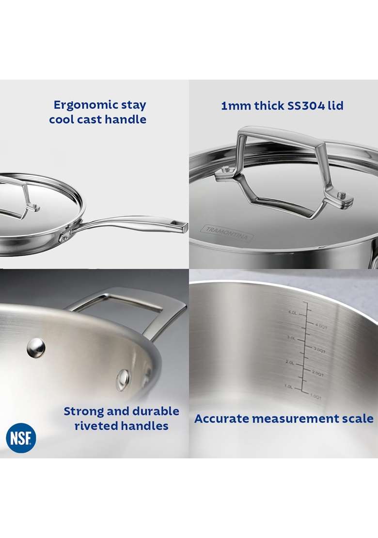 TRAMONTINA Stainless Steel Aeion Triply Fry Pan with SS 304 Lid | 20 cm | 7.9 Inch | Induction Compatible | Non-Toxic - Indya