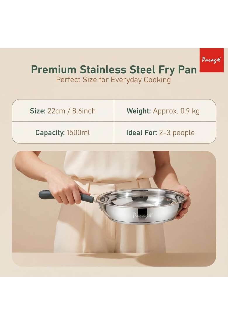 Parage Stainless Steel Frying Pan Deep Fry Pan | 1500 ml | 50.7 fl oz | 24 cm | 9.4 Inch | Induction Compatible | Tri-Ply - Indya