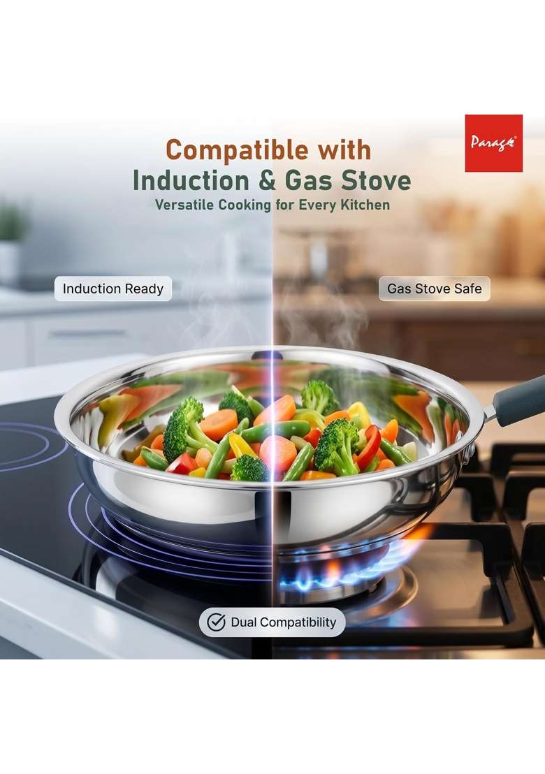 Parage Stainless Steel Frying Pan Deep Fry Pan | 1500 ml | 50.7 fl oz | 24 cm | 9.4 Inch | Induction Compatible | Tri-Ply - Indya