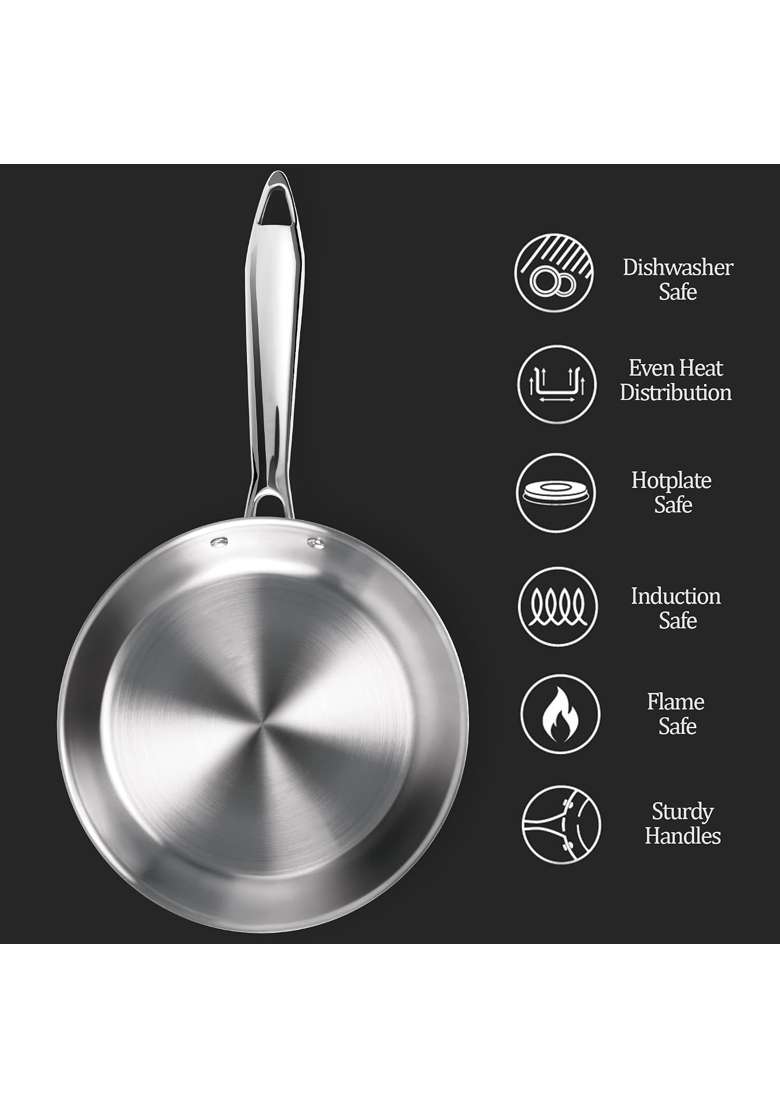 MILTON Pro cook Induction Cookware and Gas Stove Friendly Triply Stainless Steel Frying Pan | 20 cm | 7.9 Inch | Heavy Bottom | With Lid - Indya