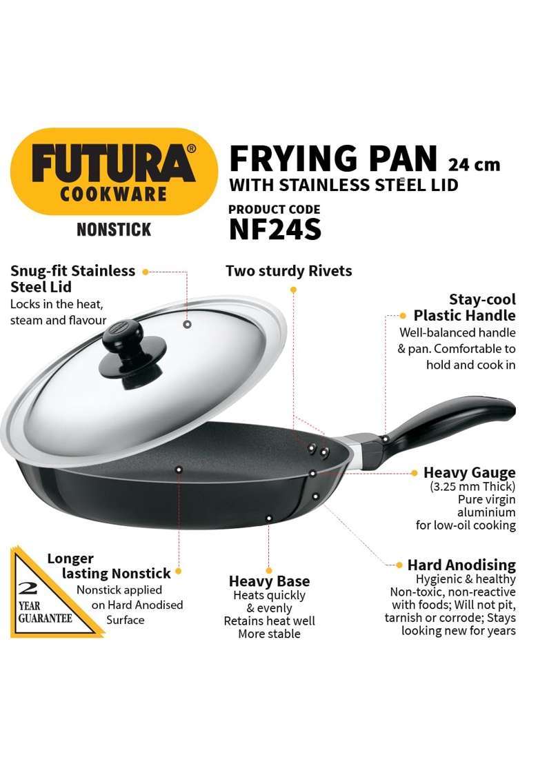 Hawkins Futura Frying Pan | 24 cm | 9.4 Inch | Non-Stick | With Lid - Indya