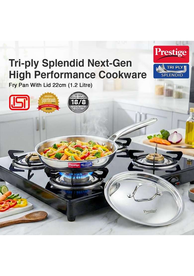 Prestige Tri-Ply Stainless Steel Splendid Tasla Deep Pan with Lid | 1.6 L | 1.7 Qt | 20 cm | 7.9 Inch | Induction Compatible - Indya
