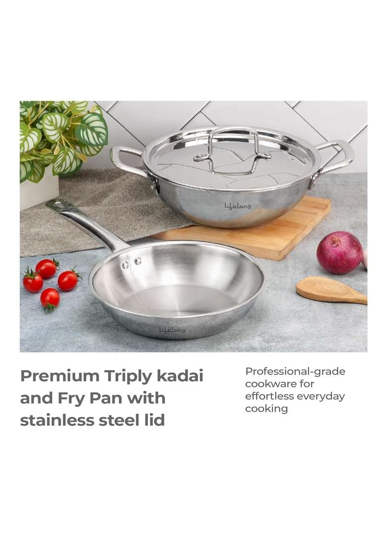 Lifelong Triply Cookware Set | 1.5 L | 1.6 Qt | 24 cm | 9.4 Inch | 3-Piece Set | Induction Compatible | With Lid - Indya