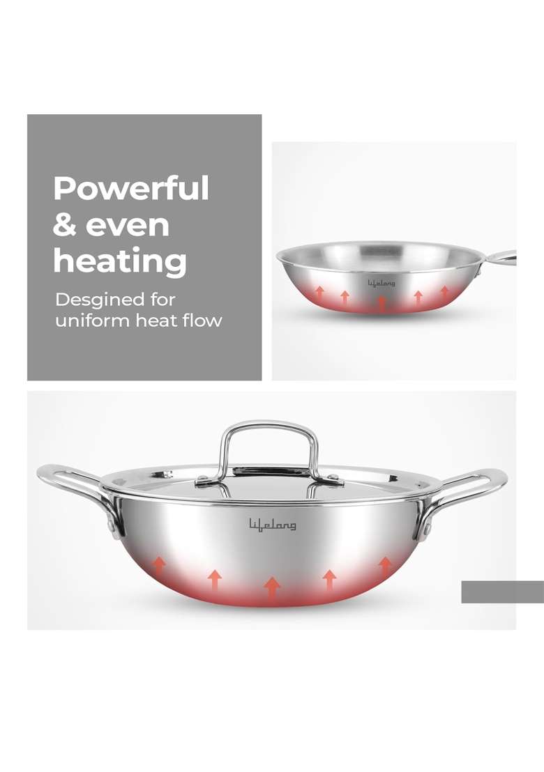 Lifelong Triply Cookware Set | 1.5 L | 1.6 Qt | 24 cm | 9.4 Inch | 3-Piece Set | Induction Compatible | With Lid - Indya