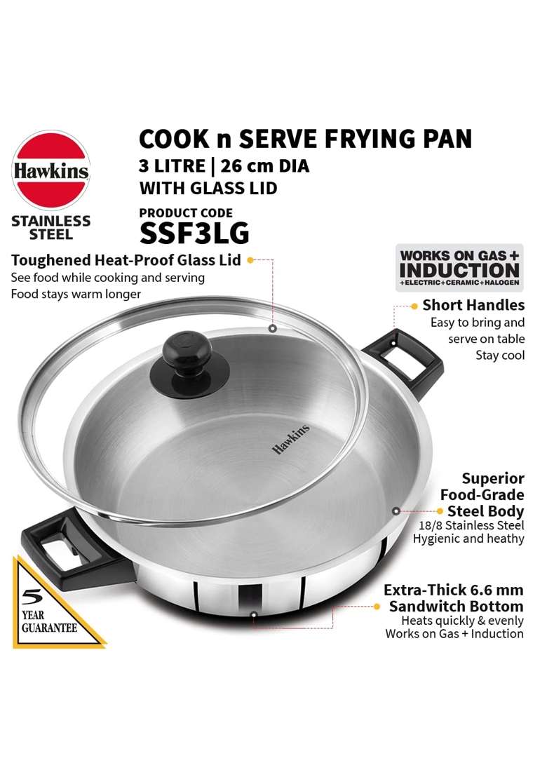 Hawkins Cook N Serve Frying Pan | 3 L | 3.2 Qt | Induction Compatible | With Lid - Indya