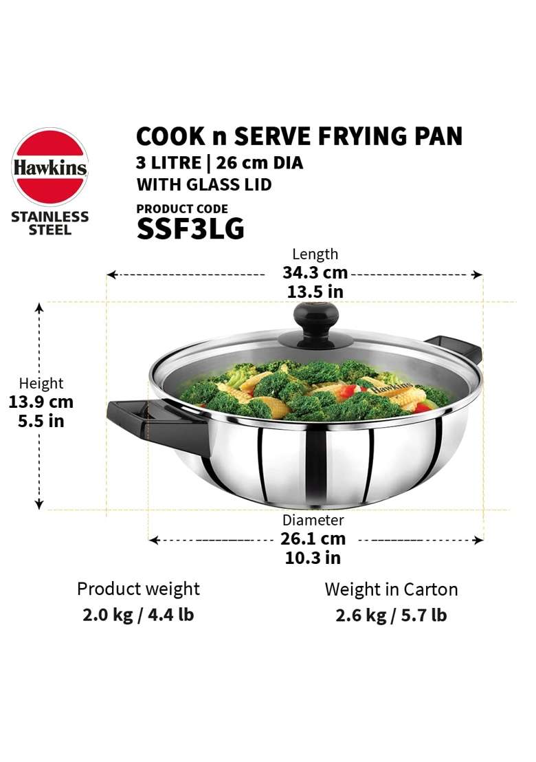 Hawkins Cook N Serve Frying Pan | 3 L | 3.2 Qt | Induction Compatible | With Lid - Indya