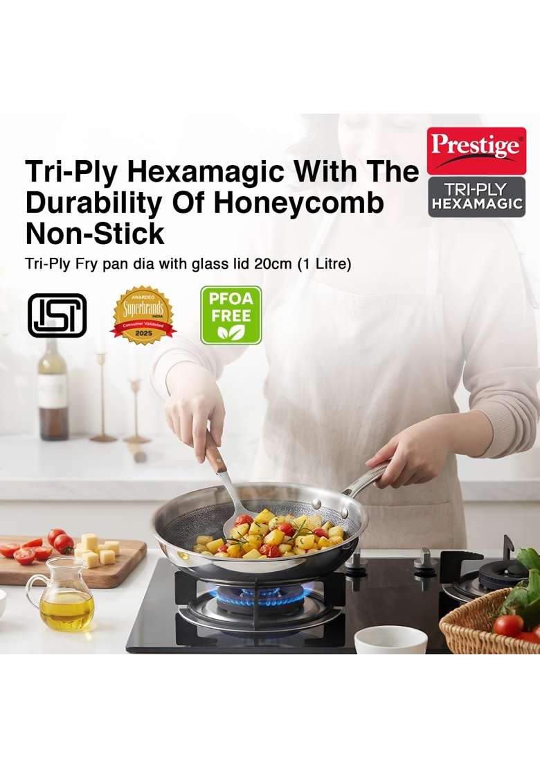 Prestige Tri-Ply Stainless Steel Hexamagic Fry Pan with Lid | 1 L | 1.1 Qt | 20 cm | 7.9 Inch | Induction Compatible | Dishwasher Safe - Indya