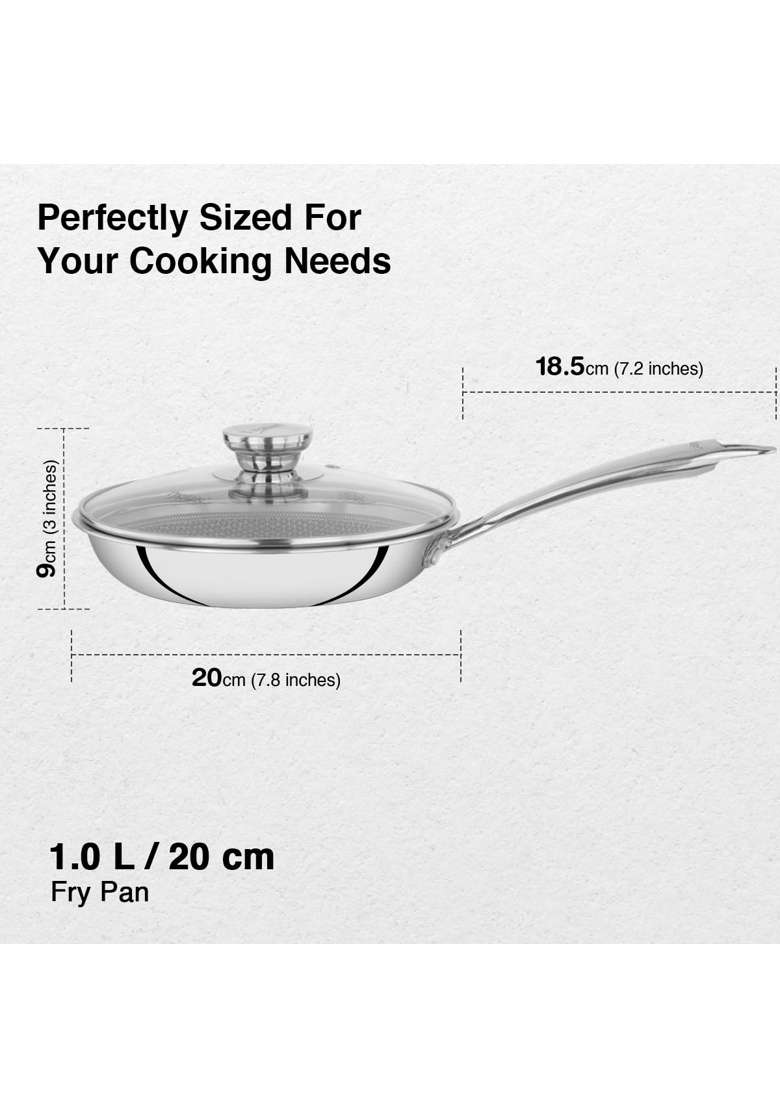 Prestige Tri-Ply Stainless Steel Hexamagic Fry Pan with Lid | 1 L | 1.1 Qt | 20 cm | 7.9 Inch | Induction Compatible | Dishwasher Safe - Indya