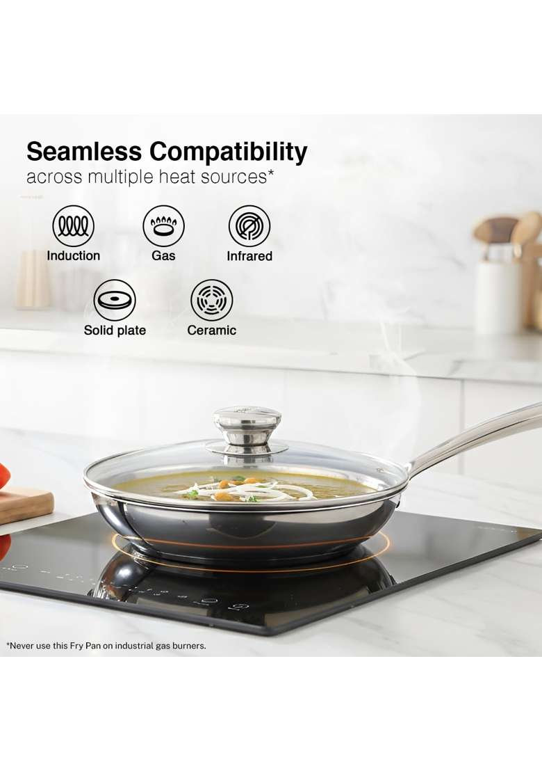 Prestige Tri-Ply Stainless Steel Hexamagic Fry Pan with Lid | 1 L | 1.1 Qt | 20 cm | 7.9 Inch | Induction Compatible | Dishwasher Safe - Indya