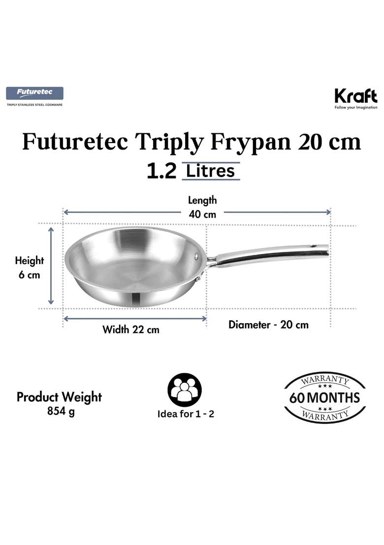 Kraft- follow your imagination Futuretec Triply Stainless Steel Cookware Frypan | 1.2 L | 1.3 Qt | 20 cm | 7.9 Inch | Induction Compatible - Indya