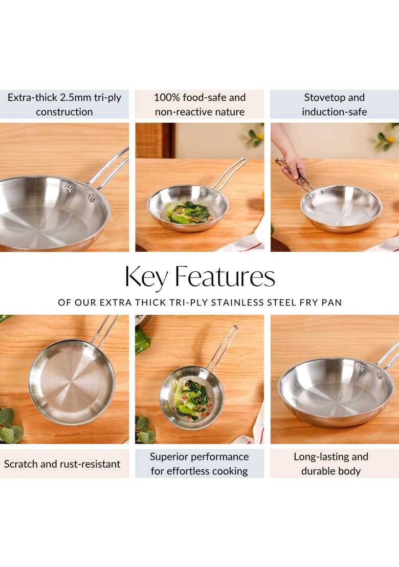 Nestasia Triply Stainless Steel Fry Pan | 1500 ml | 50.7 fl oz | Induction Compatible | Heavy Bottom - Indya