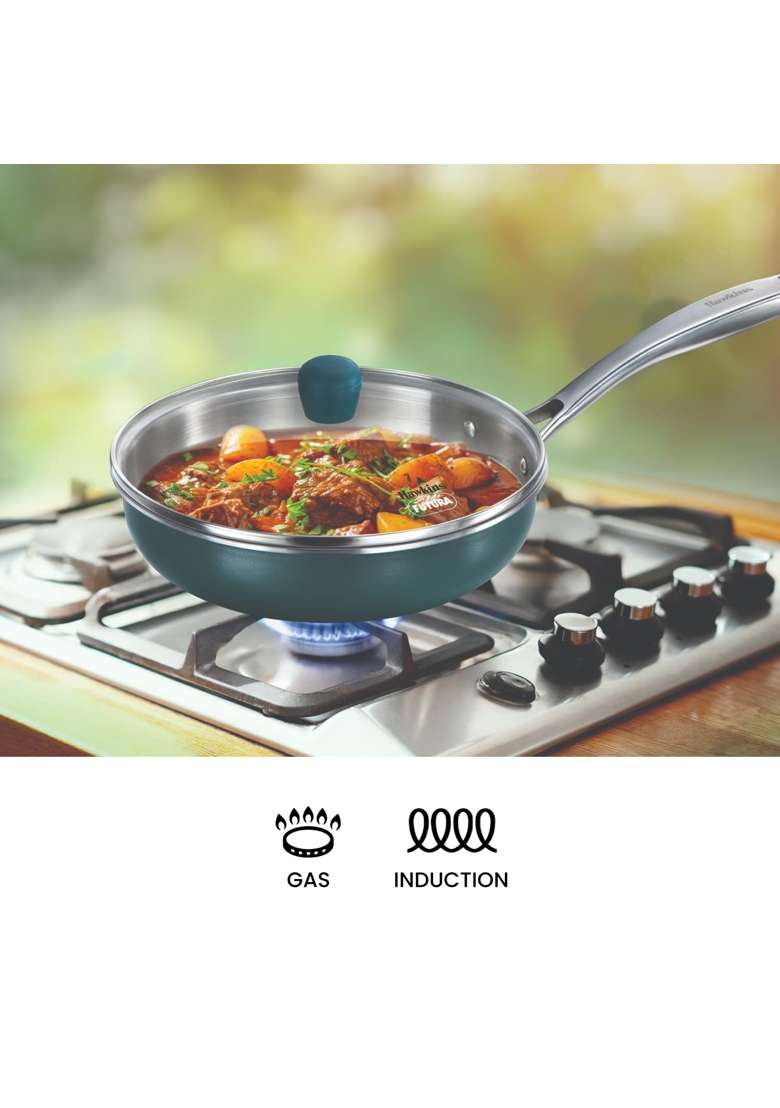 Hawkins Triply Stainless Steel Olive Frying Pan | 22 cm | 8.7 Inch | Induction Compatible | With Lid - Indya