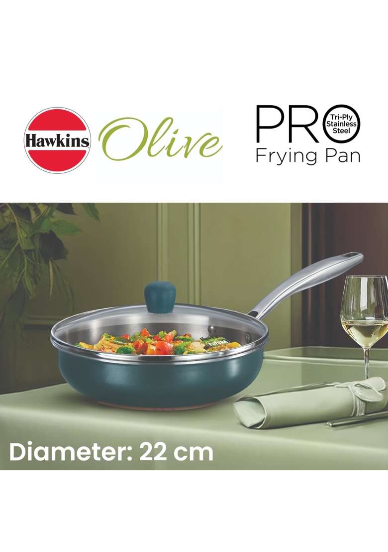 Hawkins Triply Stainless Steel Olive Frying Pan | 22 cm | 8.7 Inch | Induction Compatible | With Lid - Indya