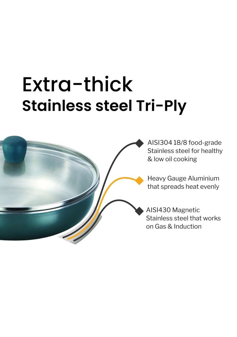 Hawkins Triply Stainless Steel Olive Frying Pan | 22 cm | 8.7 Inch | Induction Compatible | With Lid - Indya