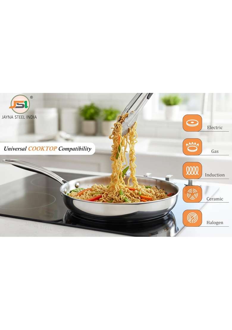 JSI Stainless Steel Triply Fry Pan for Kitchen | 1 L | 1.1 Qt | 20 cm | 7.9 Inch | Induction Compatible - Indya