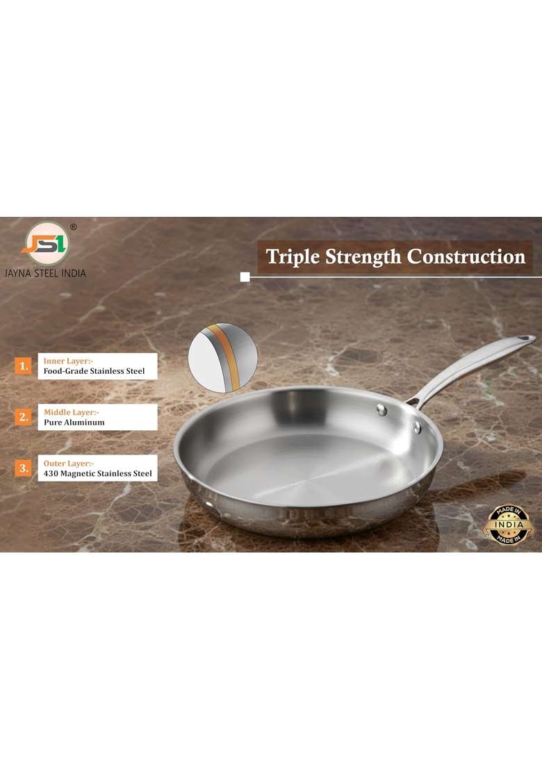 JSI 304 Grade Stainless Steel Triply Fry Pan for Kitchen | 1 L | 1.1 Qt | 20 cm | 7.9 Inch | Induction Compatible | Non-Toxic | Food Safe - Indya