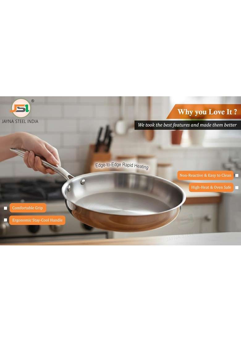 JSI 304 Grade Stainless Steel Triply Fry Pan for Kitchen | 1 L | 1.1 Qt | 20 cm | 7.9 Inch | Induction Compatible | Non-Toxic | Food Safe - Indya
