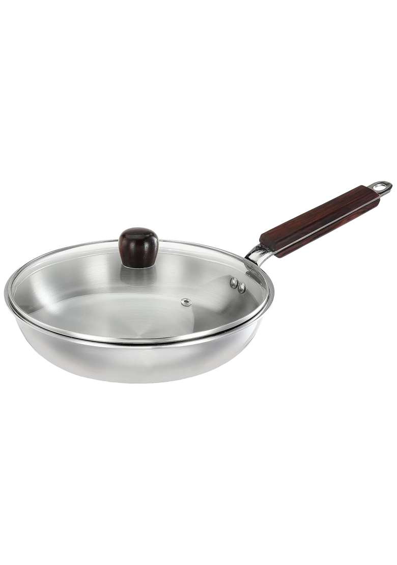 Solimo Amazon Brand Solimo Tri-ply Frying Pan with Glass Lid and Wooden Handle | 24 cm | 9.4 Inch - Indya