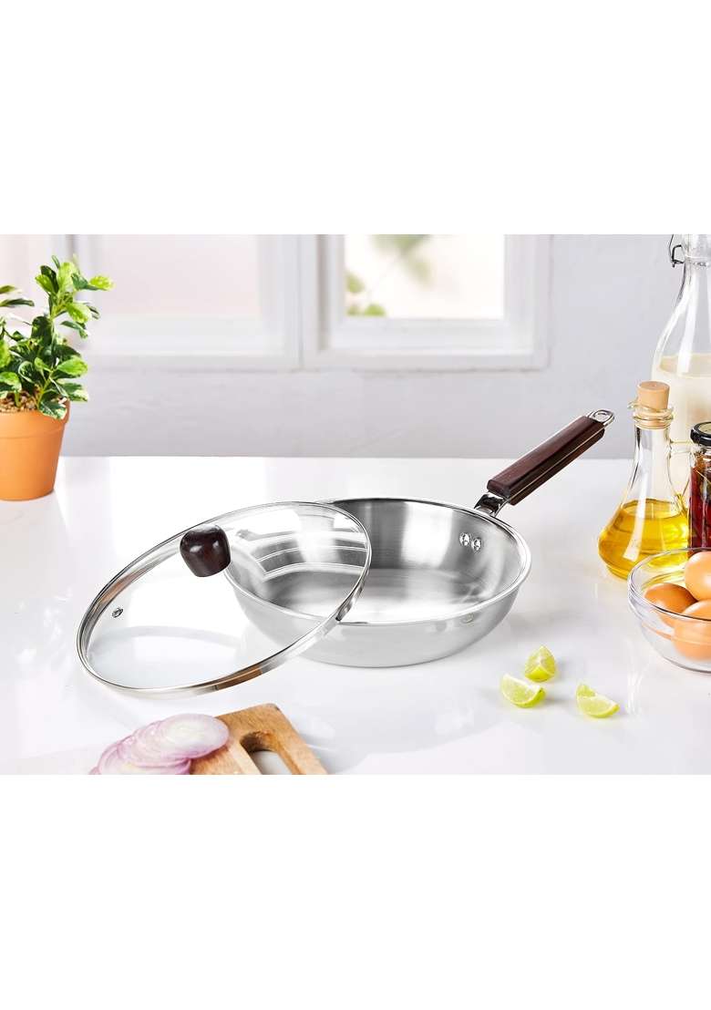 Solimo Amazon Brand Solimo Tri-ply Frying Pan with Glass Lid and Wooden Handle | 24 cm | 9.4 Inch - Indya