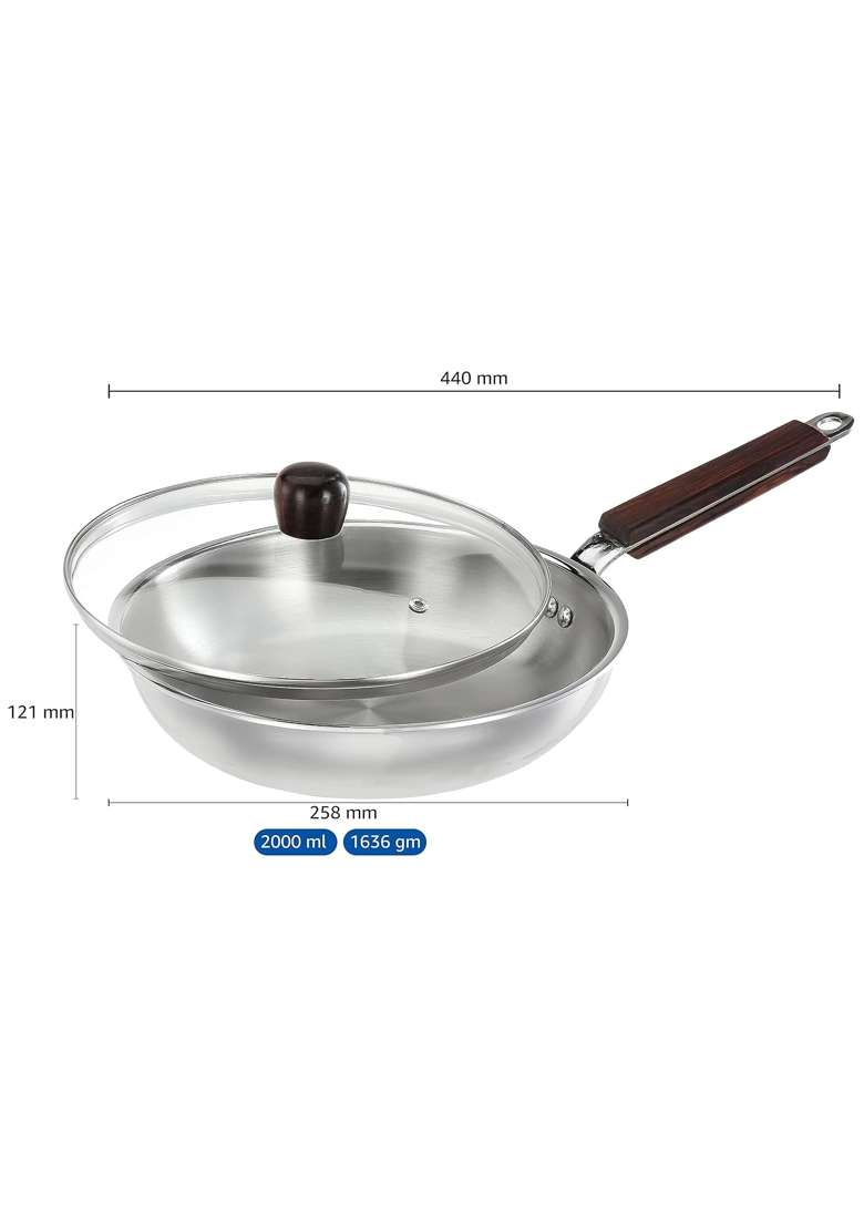 Solimo Amazon Brand Solimo Tri-ply Frying Pan with Glass Lid and Wooden Handle | 24 cm | 9.4 Inch - Indya