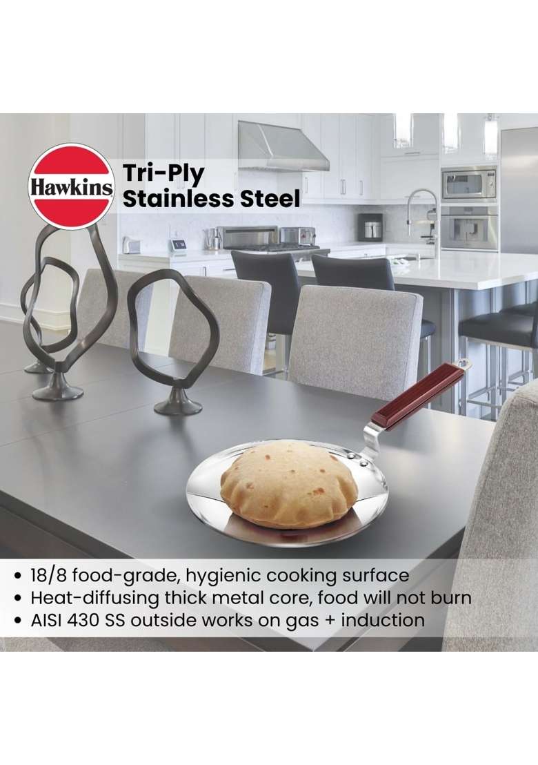 Hawkins Tava Flat Griddle Triply Stainless Steel Tawa with Stainless Steel Handle | 24 cm | 9.4 Inch | Induction Compatible - Indya