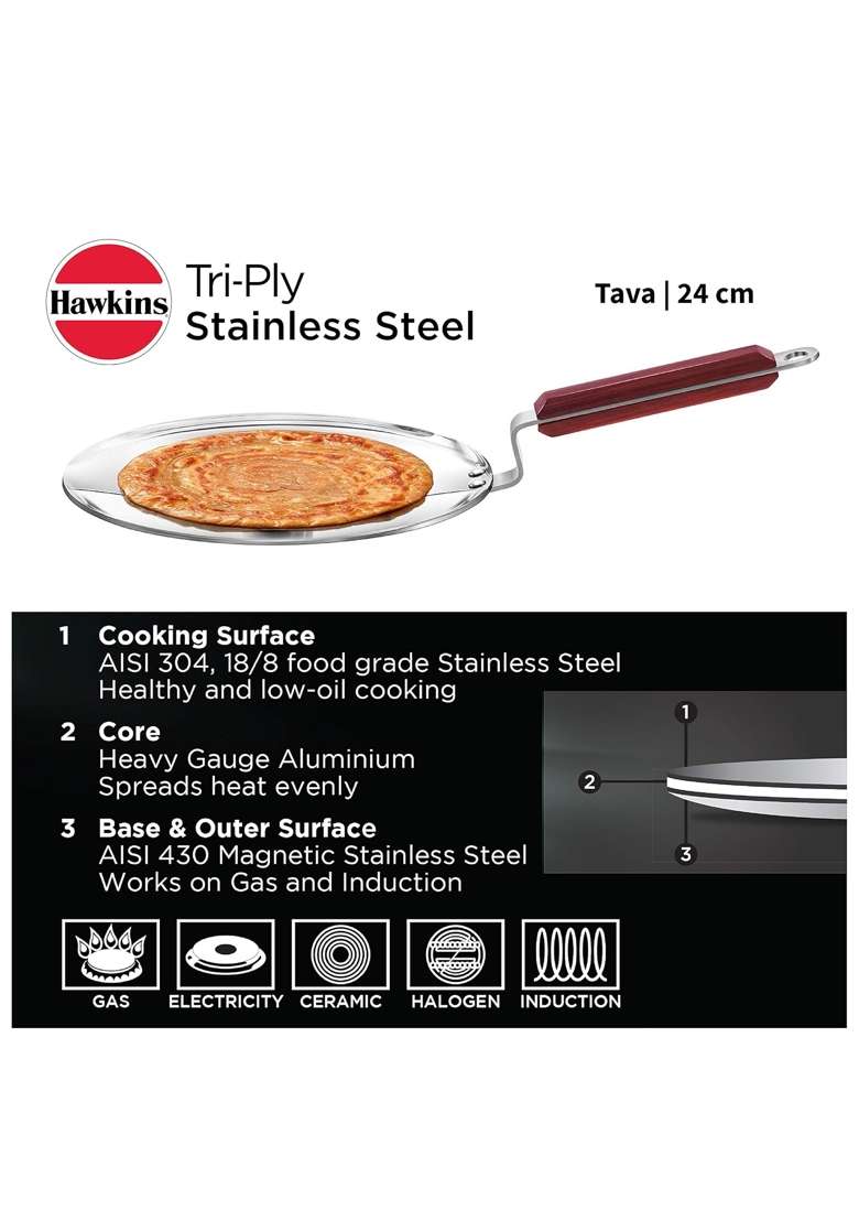 Hawkins Tava Flat Griddle Triply Stainless Steel Tawa with Stainless Steel Handle | 24 cm | 9.4 Inch | Induction Compatible - Indya