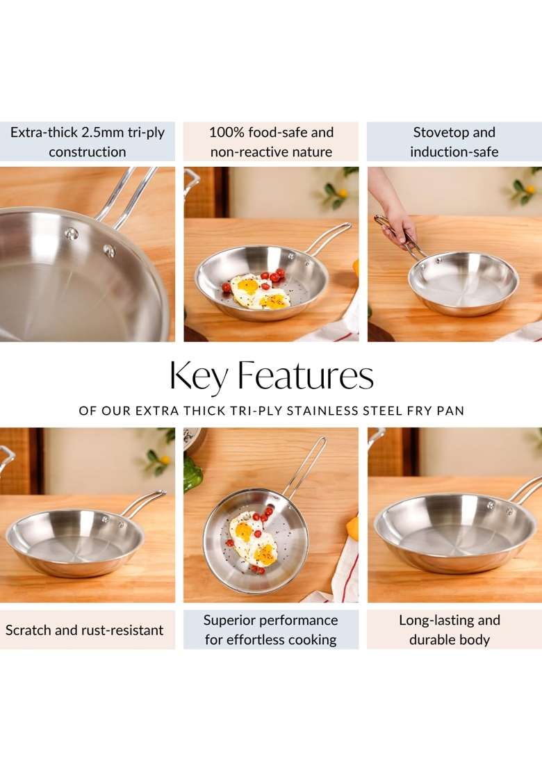Nestasia Triply Stainless Steel Frying Pan | 2000 ml | 67.6 fl oz | Induction Compatible | Heavy Bottom - Indya