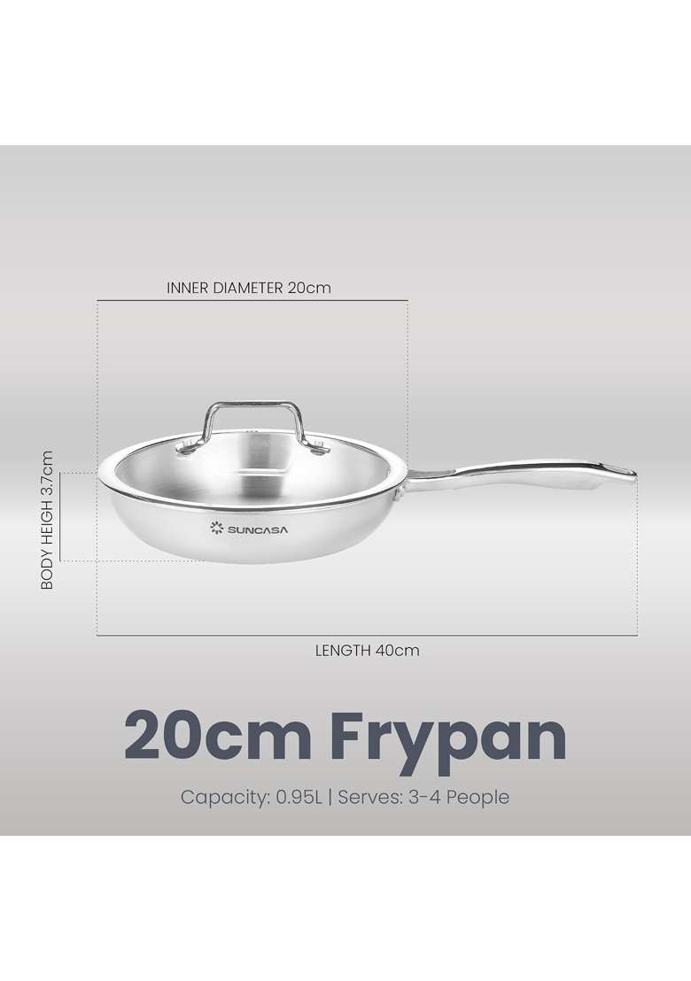 SUNCASA Trismart Stainless Steel Triply Frying Pan with Glass Lid | 20 cm | 7.9 Inch - Indya